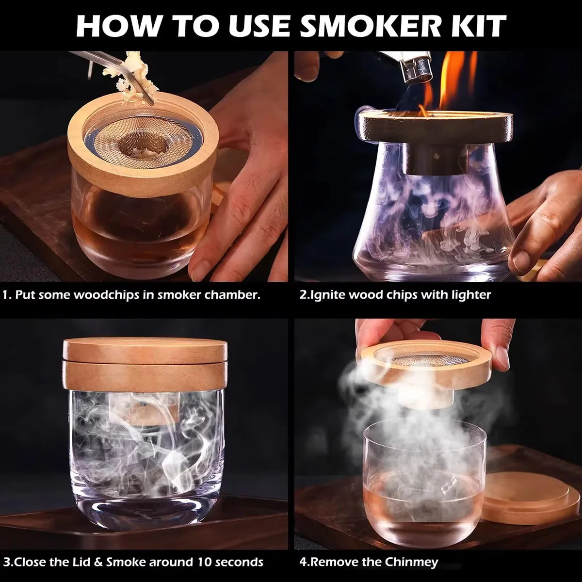 Affumicatore Whisky, Kit per Affumicatore per Cocktail con Torcia, Kit Affumicatores per Bevande con 4 Gusti di Trucioli di Legno, 4 Pietre per Whisky, Regalo per Padre, Marito e Amanti dei Cocktail