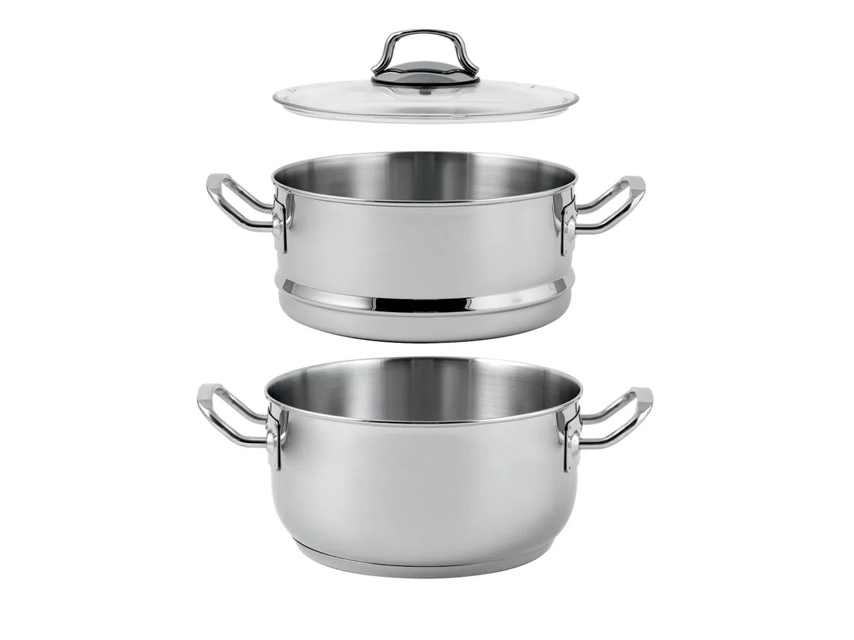 H&H Alessandro Borghese Vaporiera in Acciaio Inox 18/10, Triplo Fondo, 22cm, con Coperchio in Vetro e Cestello in Acciaio Inox