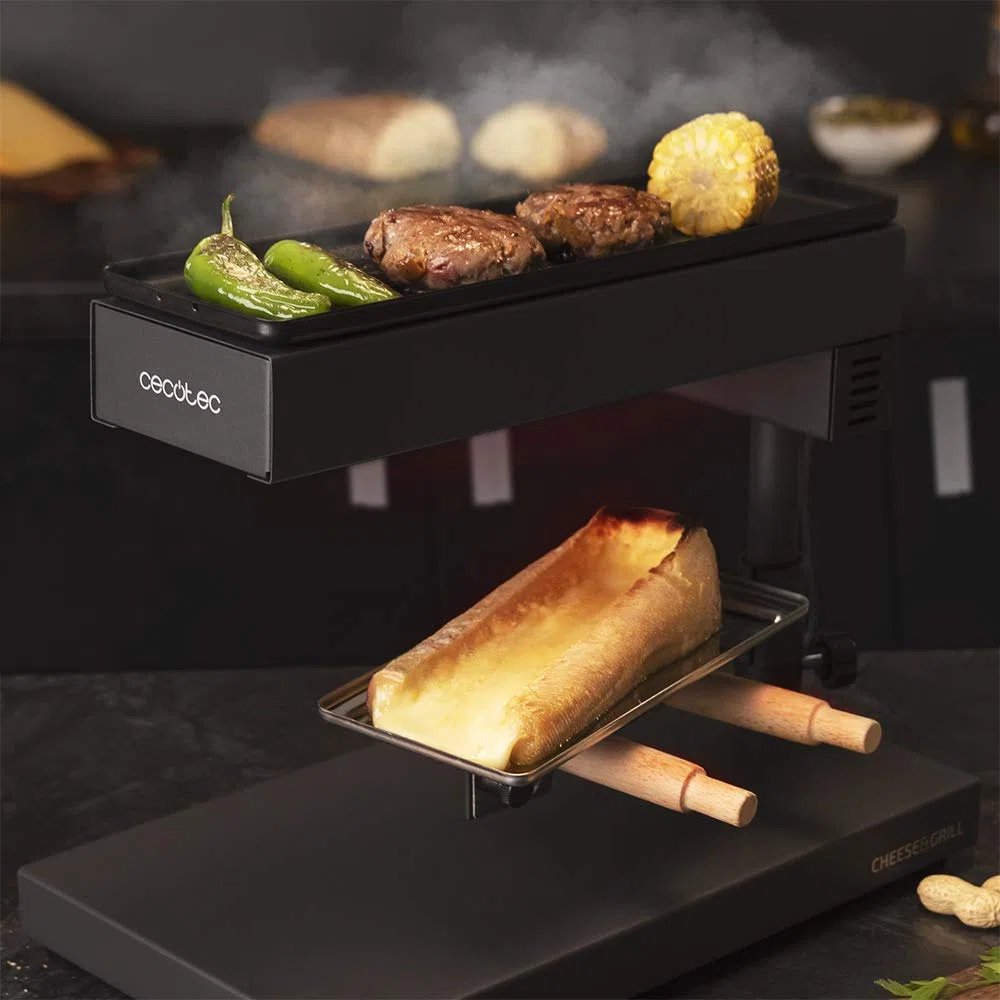 Cecotec Raclette Cheese&Grill 6000 nero. Potenza 600W, funzione grill, finitura in acciaio inox, termostato regolabile, 2 spatole in legno, griglia superiore antiaderente