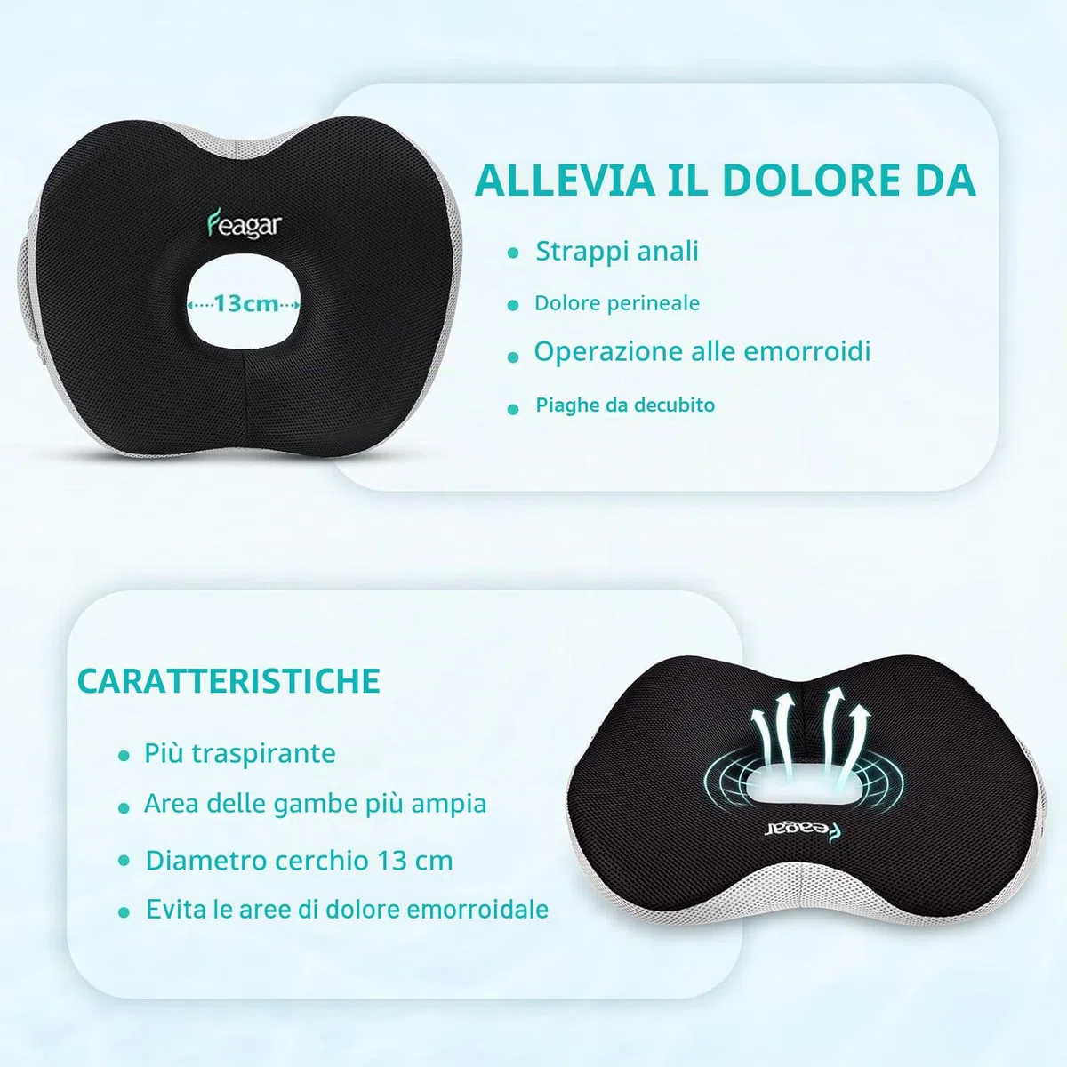 Feagar Cuscino Ortopedico a Ciambella per Sedile - Supporto e Comfort per Emorroidi, Coccige e Schiena - Cuscino Ergonomico per Sedia da Ufficio, Auto e Sedia a Rotelle (H12)
