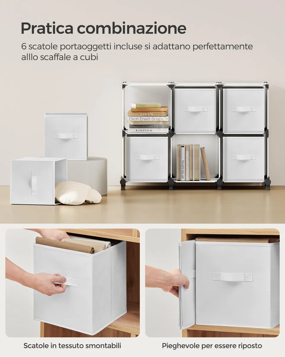 SONGMICS Scaffale Componibile a Cubi con Scatole Portaoggetti di Tessuto, Armadio Modulare a 6 Scomparti, Personalizzabile, Espandibile, Salvaspazio, Camera da Letto, Bianco Nuvola LPC062W06