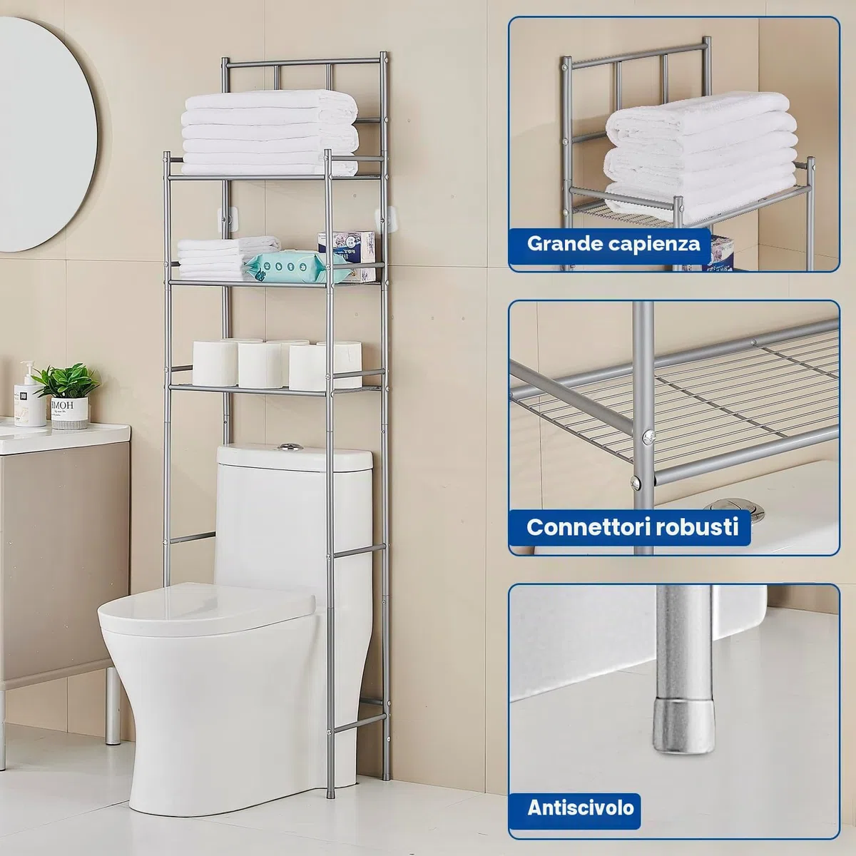 Mobile Sopra WC, Salvaspazio, 3 Ripiani Scaffale Sopra WC, Indipendente Mensola per Servizio Igienico, Mensola portaoggetti da Bagno, Grande Capacità, 46 x 26 x 168 cm, Grigio