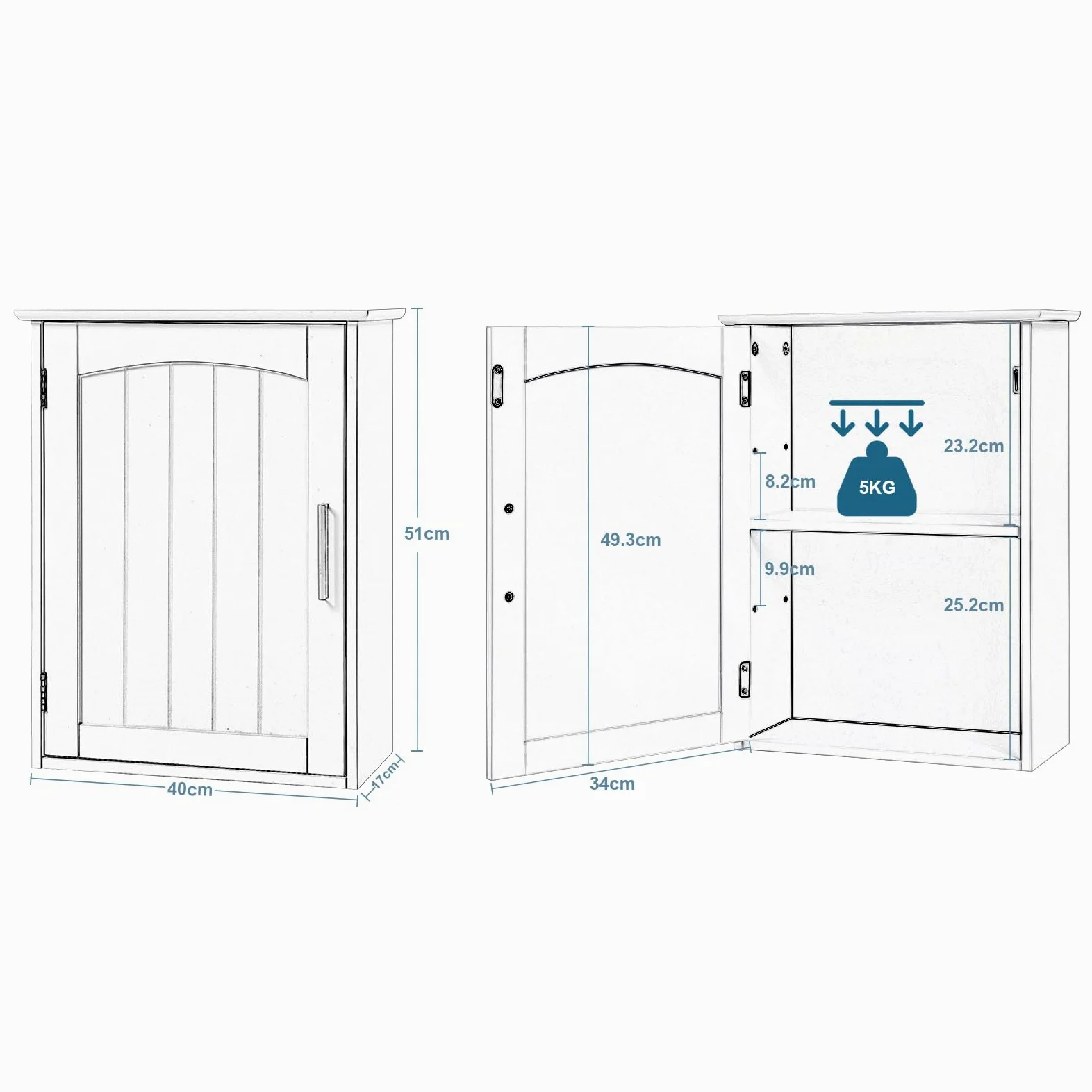 EUGAD Pensile bagno sospeso, armadietto a muro con ripiano regolabile, MDF E1, bianco, 40x51x17cm, spazio ridotto, impermeabile, facile da montare, per bagno, cucina, ripostiglio