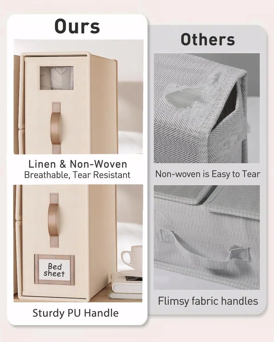 Lino Organizer Lenzuola per Armadio, 3 Scatola Organizer per Biancheria Pieghevole con Cerniera e finestra, Scatole Per Rigide da Letto per Lenzuola, Copripiumini, Vestiti e Coperte, Beige