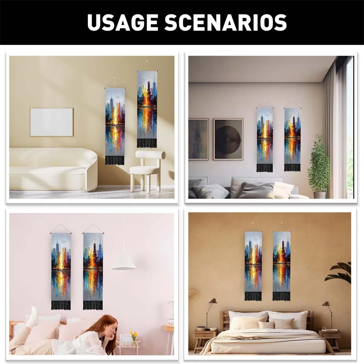 PLIGREAT Confezione da 2 arazzi moderni con dipinti ad olio dipinti a mano, paesaggio urbano lungo con nappe, arazzo decorativo estetico verticale, per camera da letto, soggiorno, decorazione della