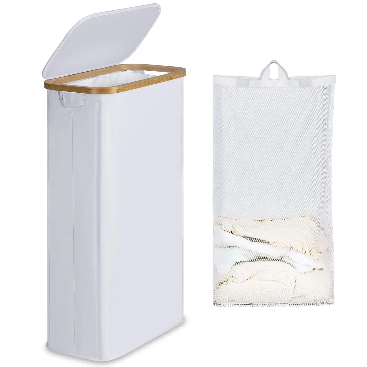 efluky Cesto per la Biancheria 63L, Cesto per la Biancheria Sottile con Coperchio, Cestos per la Biancheria Pieghevole Bianco con Manici in Bambù e Borsa Rimovibile per Camera da Letto, Lavanderia