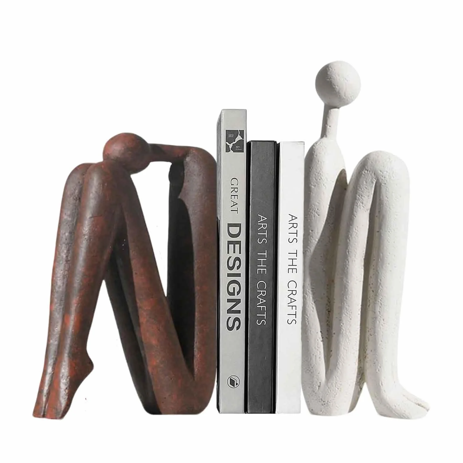 Fermalibri Decorativi in Ceramica – Set da 2 Pezzi – Fermalibri Pesanti per Librerie, Scrivania e Ufficio – Statua Astratta –Bianco e Marrone