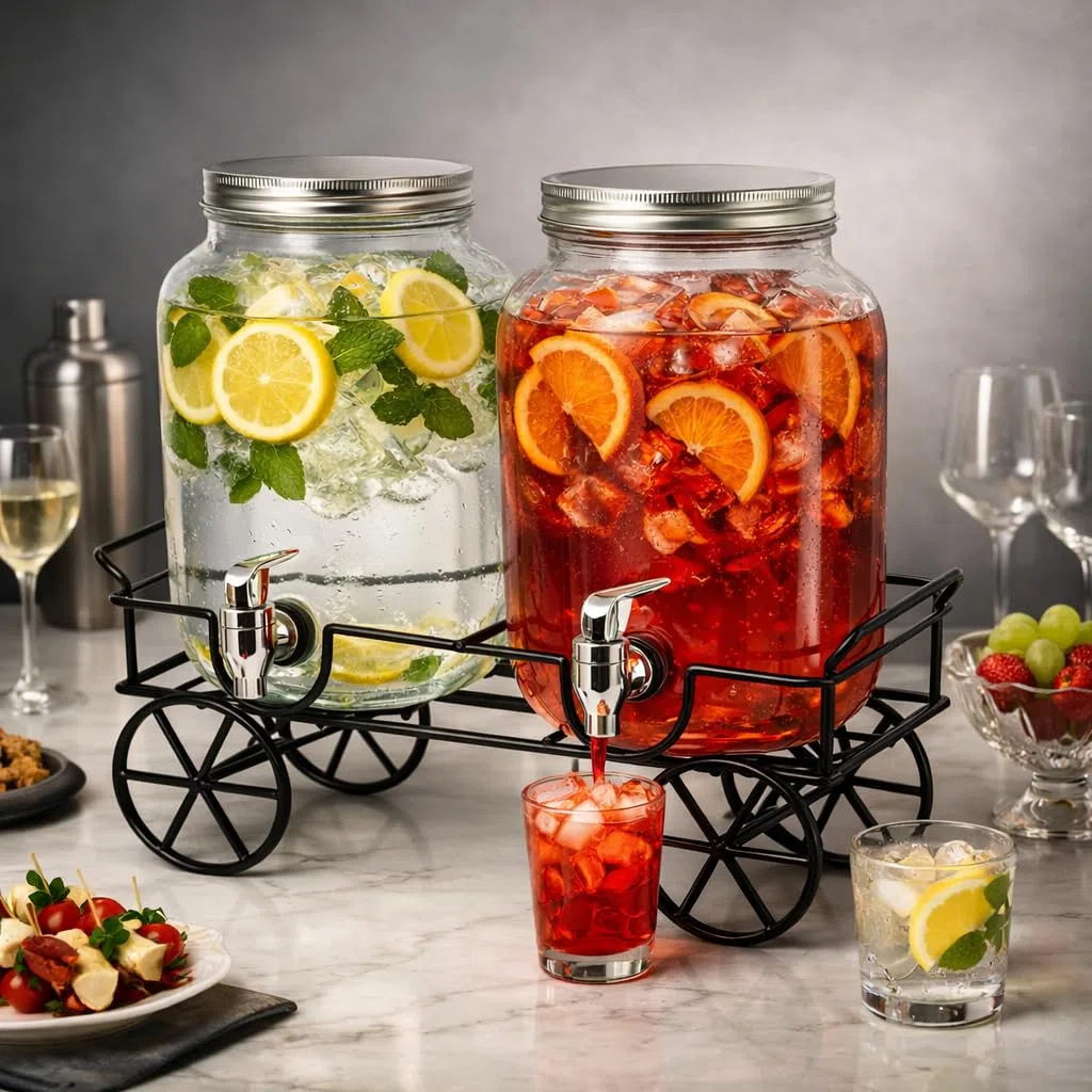 Set 2 Dispenser in Vetro per Bevande 4L con Rubinetto e Supporto, Erogatori per Succhi, Cocktail, Limonata per Feste, Picnic e Barbecue