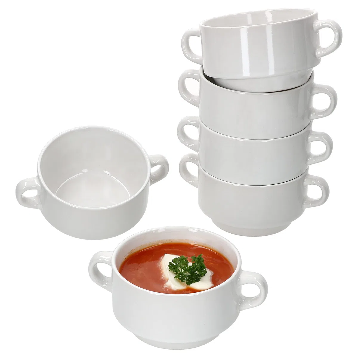 MamboCat Stiva - Set di 6 ciotole da zuppa da 250 ml, colore bianco, per 6 persone, con manico per stufato e zuppa