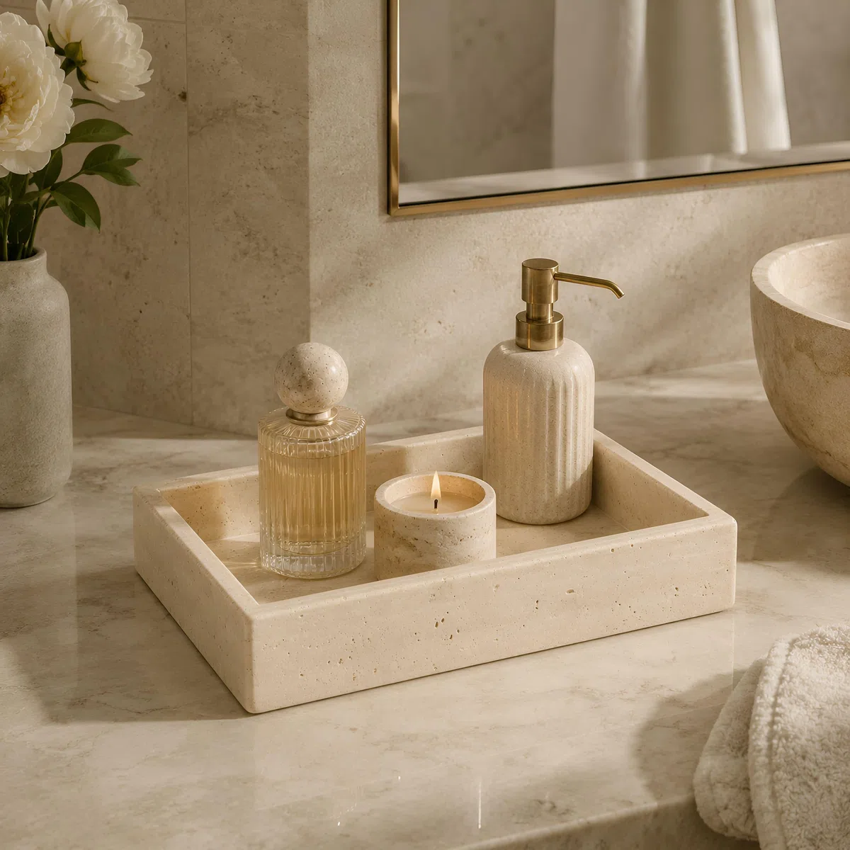 Vassoio in Travertino Naturale Kalu Creations - Vassoio Bagno Portaoggetti Decorativo, Porta Profumi e Candele - Organizer Bagno Pietra - Made in Italy - 20 x 15 cm