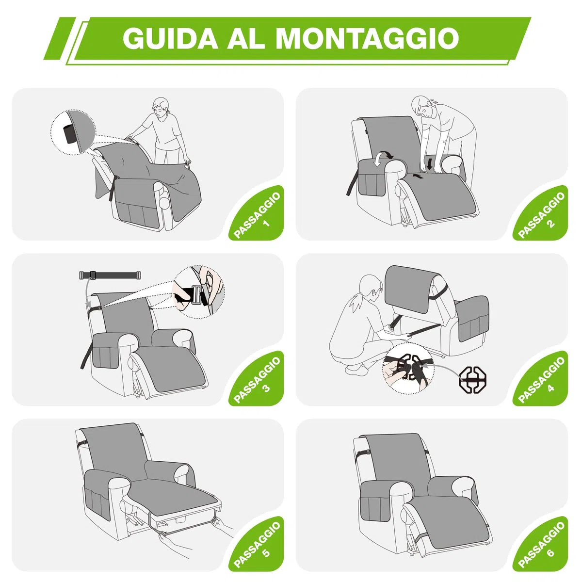 KinCam Copridivano 1 Posti Con Braccioli, Antiscivolo Tasca Copripoltrona Reclinabile, Copridivano Lavabile con Tasche Laterali e Fasce Elastiche Grigio Chiaro