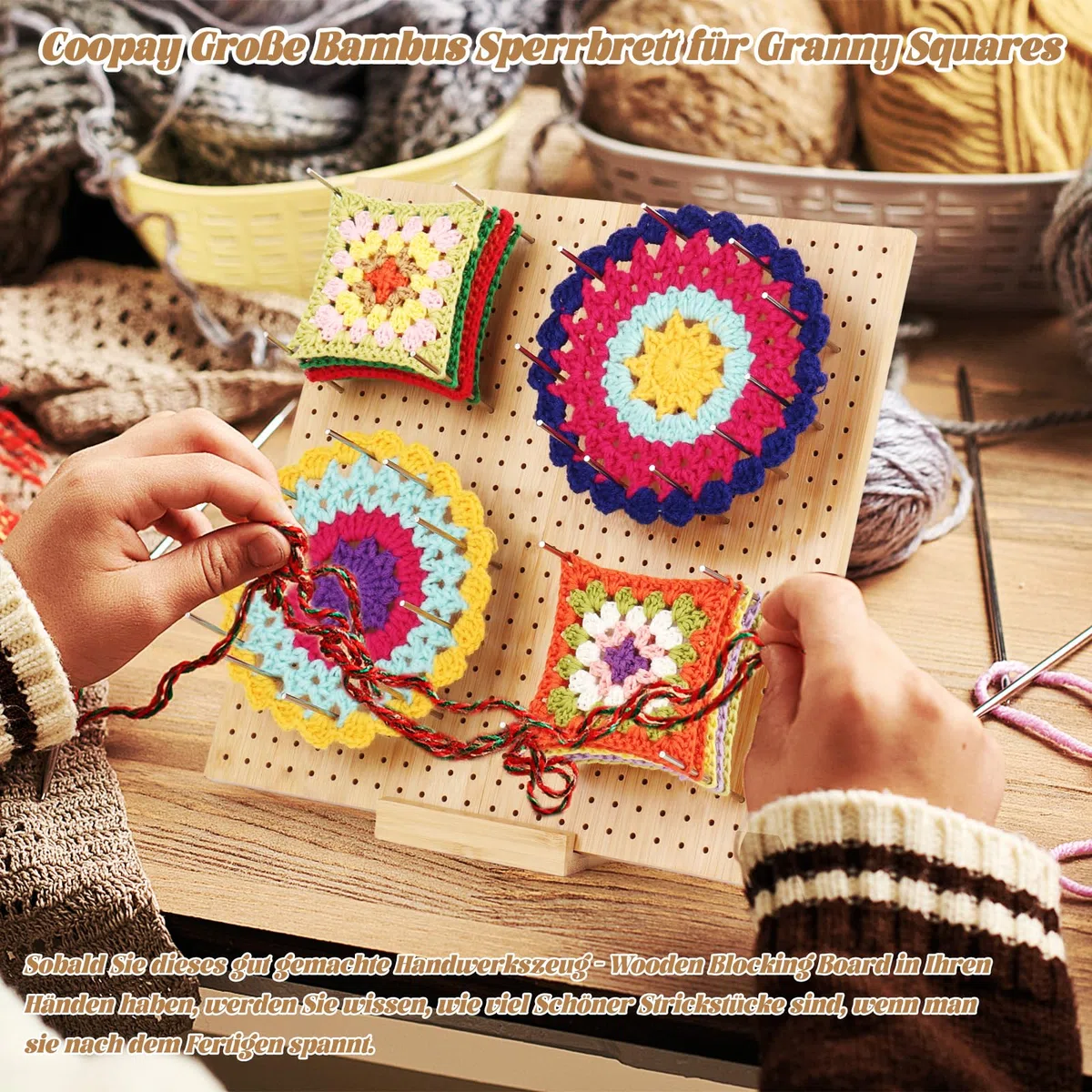 Coopay Granny Square Tenditore grande, 33 x 33 cm, con 30 perni in acciaio inox, pieghevole, in bambù, per lavori a maglia e all'uncinetto, 33 cm