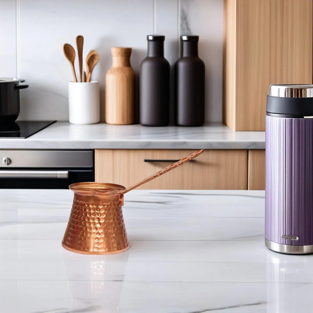 SHERCHPRY Caffettiera turca Arabo Greco Caffettiera Pouf fatto a mano in rame martellato Cezve con manico in ottone Jezve Briki per la stufa 320Ml