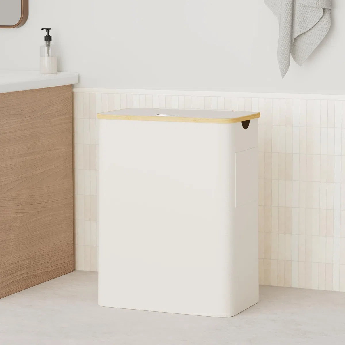 OUSFOT Cesto per la Biancheria con 3 Scomparti per Vestiti Sporchi Manico in bambù 158L con CoperchioTasca Posteriore Pieghevole in Rete Cesto per la Biancheria Beige