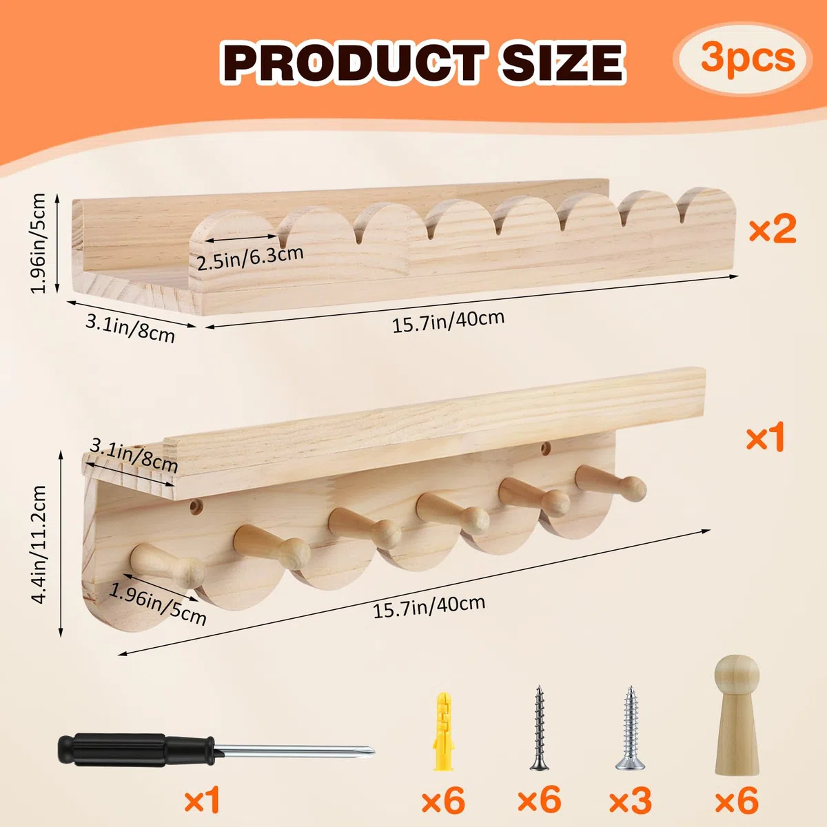 Set di 3 mensole da parete in legno massello per bambini - Librerie con 6 ganci per libri e giocattoli - Mensola Montessori 40 cm - Mensola sospesa con curve per bambini e bambine