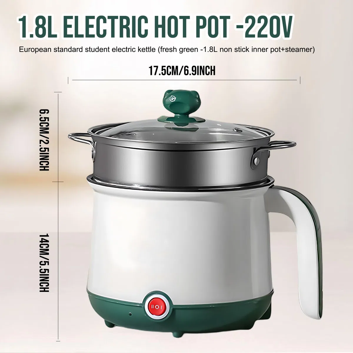 Mini fornello antiaderente, 1,8 l, pentola elettrica, pentola portatile, mini fornello portatile per bistecca, pasta, uova, avena, ramen, con vapore, verde (bianco + verde)