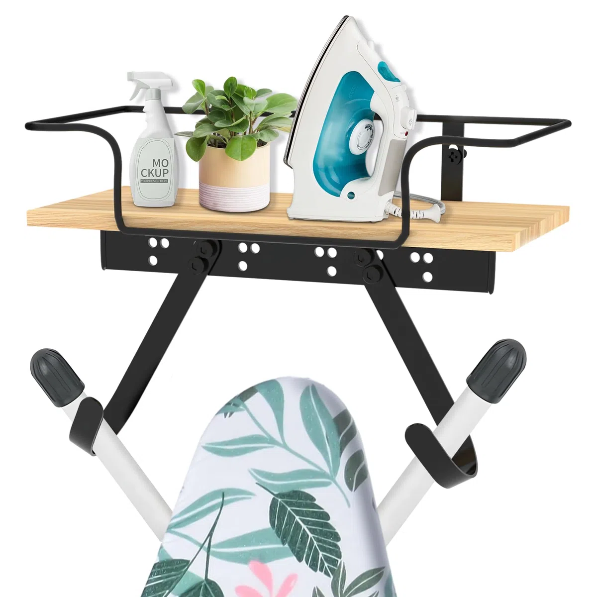 Supporto da parete per asse da stiro, supporto da stiro con grande cestello e ganci robusti, supporto per ferro da stiro e asse da stiro per la lavanderia, mantiene ferro da stiro, tavola, bottiglie