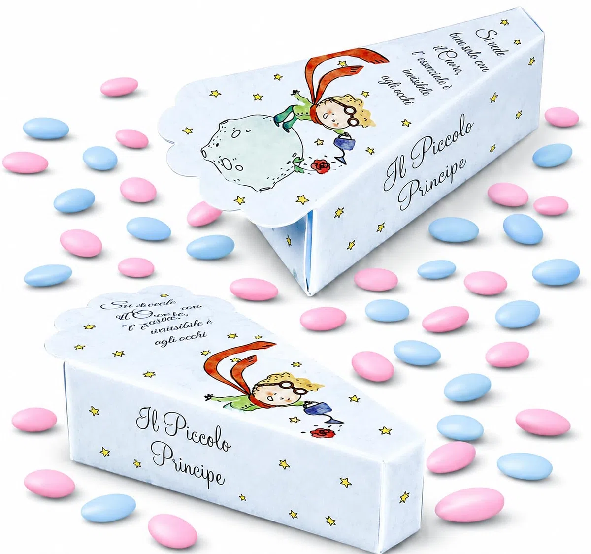 Regalami.Shop 30 Scatoline Portaconfetti Piccolo Principe per Battesimo, Comunione o Laurea, Complete di Bigliettino e Espositore Torta, Bomboniere per Confetti e Ricordini Evento (Piccolo p)