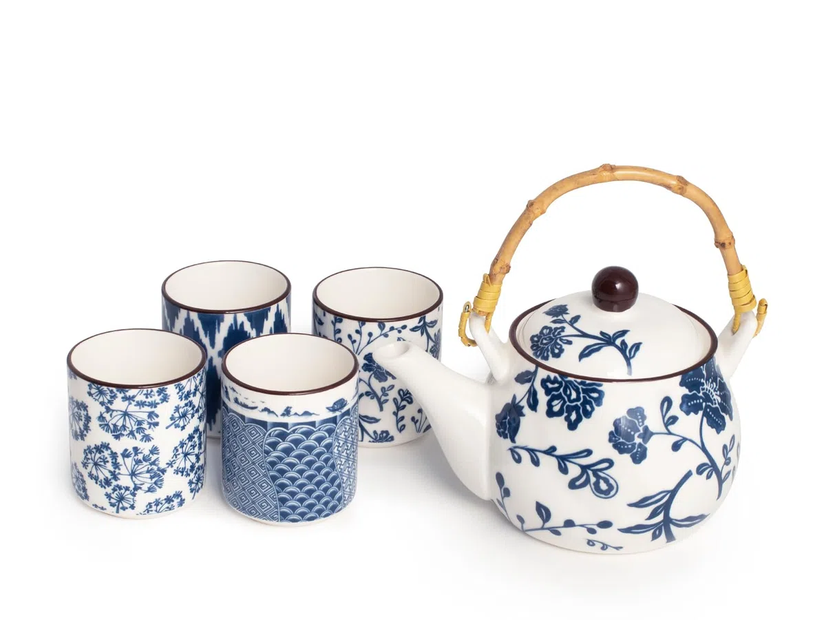H&H Seta Set 5 Pezzi in Porcellana, Bicchierini + Teiera 500cc, Blu e Bianco