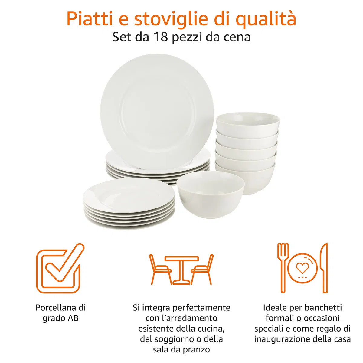 Amazon Basics Servizio di Piatti per 6 persone, 18 pezzi, Bianco