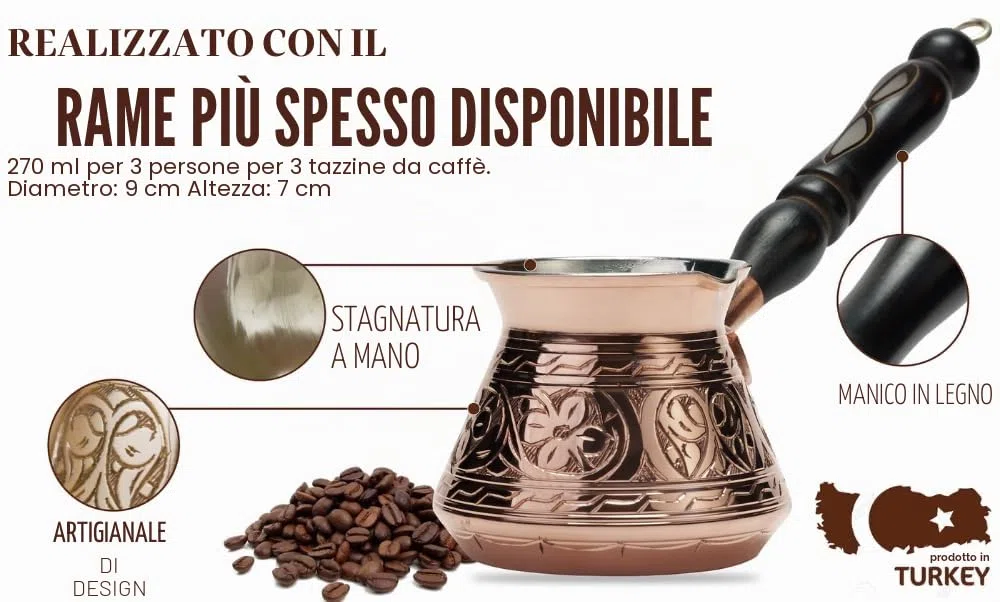 DEMMEX Cezve Turca in Rame Massiccio, Ibrik Arabo Greco, Pentolino per Caffè Stovetop con Manico in Legno e Cucchiaino, Fatto a Mano in Turchia, 270 ml (Inciso)