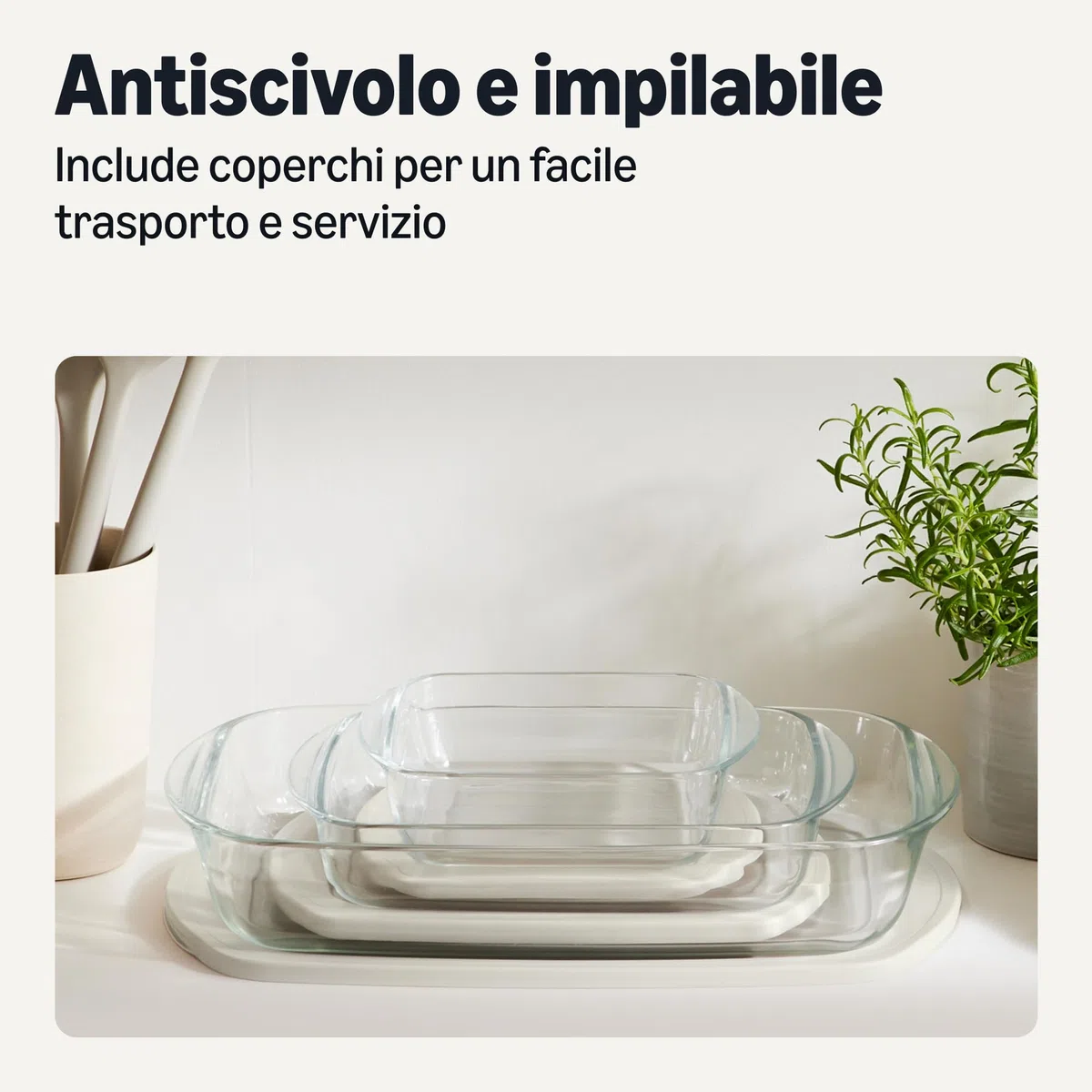 Amazon Basics Teglie da Forno in Vetro con Coperchi Senza BPA, Set di 6 Pezzi in Vetro Borosilicato, Lavabili in Lavastoviglie e Adatte al Forno, Grigio Lino
