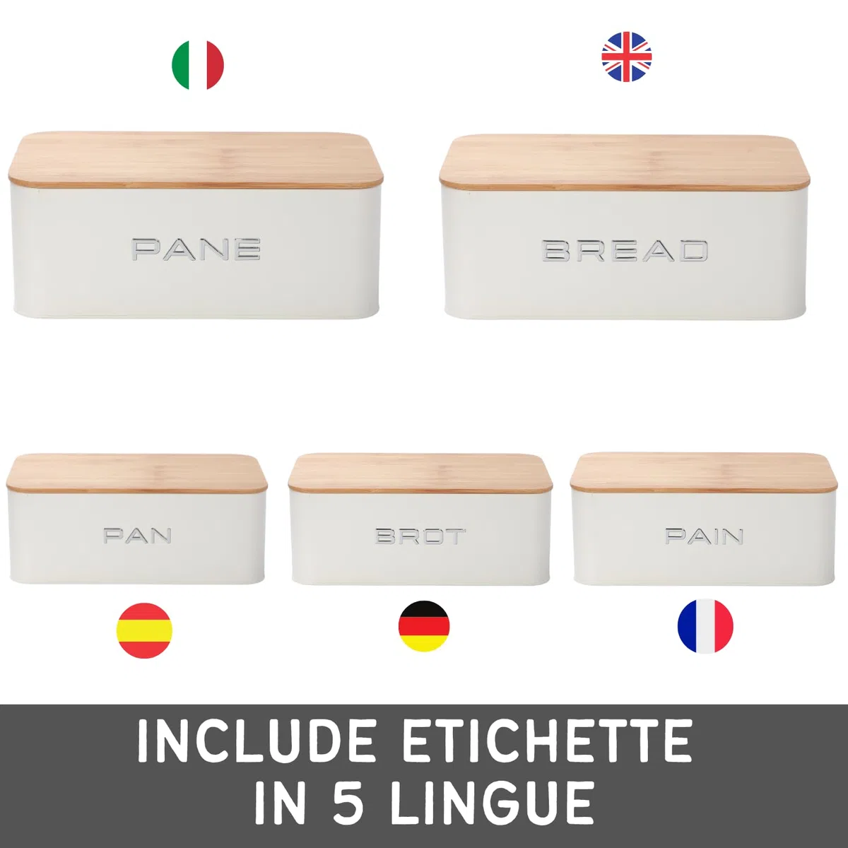Porta pane da cucina con tapa in Bambù - Portapane moderno metallica con ventilazione, Contenitore Pane, Biscotti - Design Elegante, Include Sacchetto Cotone - 34x19x12.5 cm. - Bianco Opaco