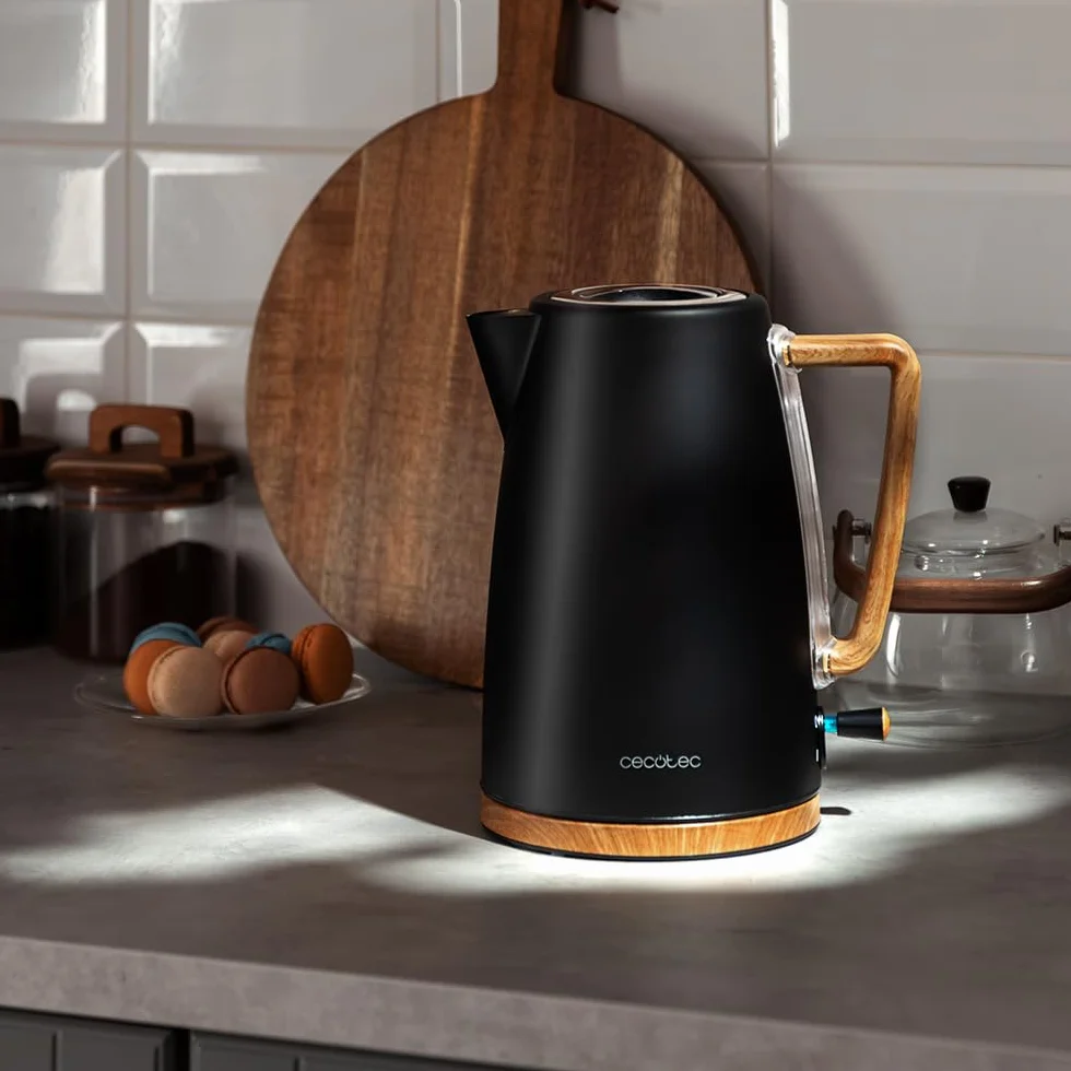 Cecotec Bollitore Elettrico ThermoSense 200 Woody, 1,7 Litri, 2200 W, Acciaio Inox, Design Elegante, Base Girevole 360º, Filtro Anticalcare Rimovibile e Lavabile