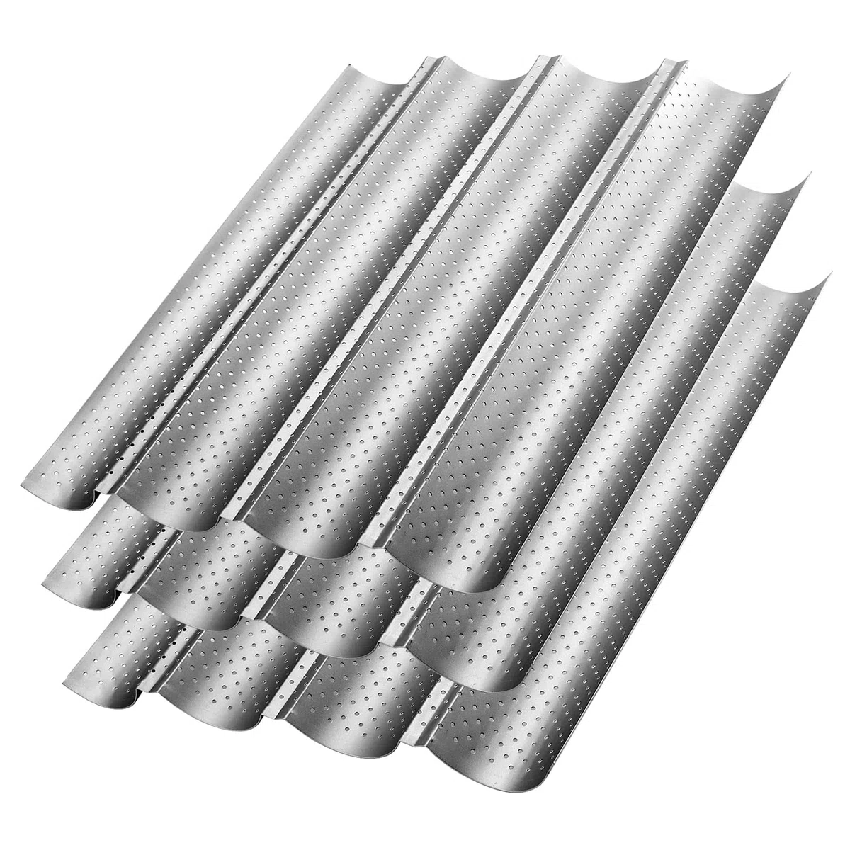 3 Stampo Pane, Teglia Forno per 4 Baguette, Perforata antiaderente, accessori per la cottura del pane, 38 x 33 cm, Argento