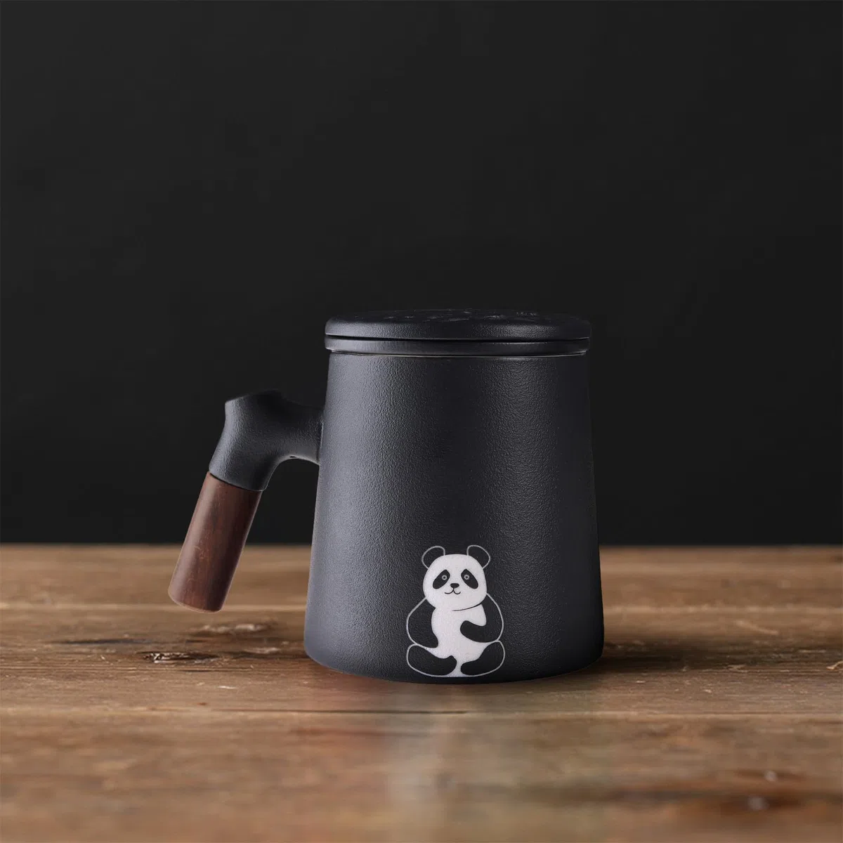 fanquare Tazze da Tè in Ceramica con Manico in Legno Tazza da Tè Nera Grande con Infusore e Coperchio Tazza per la Macerazione del Tè per Casa Ufficio 340ML