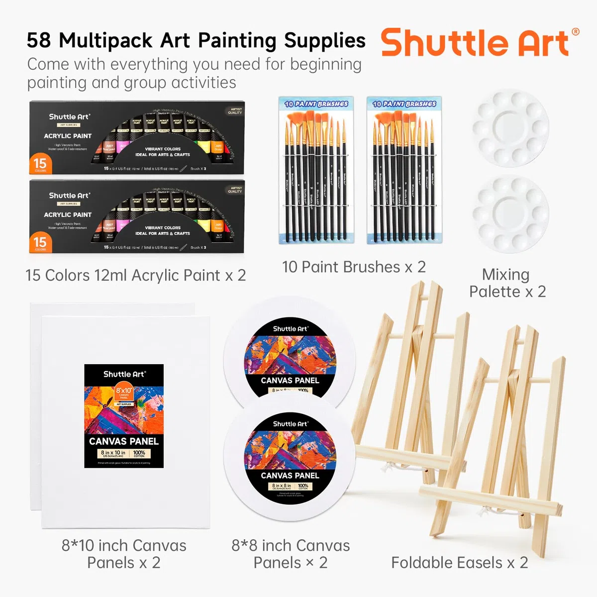 Shuttle Art Set di 58 Pezzi Colori Acrilici, Set per Pittura con 2 Confezioni da 15 Colori Acrilici, 2 Set di Cavalletti in Legno, Tela, Pennelli e Tavolozze, Set di Tela e Pittura per Adulti, Bambini