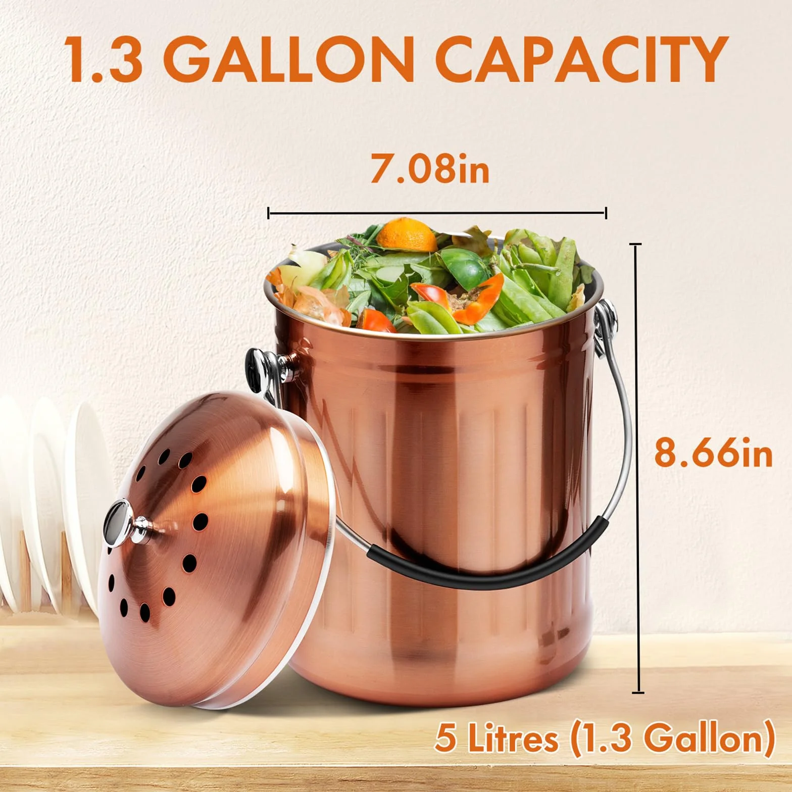ENLOY Cestino per compost da piano di lavoro da cucina, secchio per compost in acciaio inossidabile color rame opaco da 4,9 litri con coperchio, secchio per rifiuti alimentari inodore con 2 filtri al