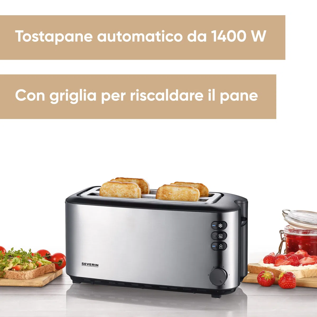 SEVERIN Tostapane 4 Fette Fessure Lunghe, 1400W, Acciaio Inox, Griglia Scaldapanini, Funzione Scongelamento, con Vassoio Raccoglibriciole, 39,7 x 15,7 x 18,5 cm, Nero/Argento - AT 2509