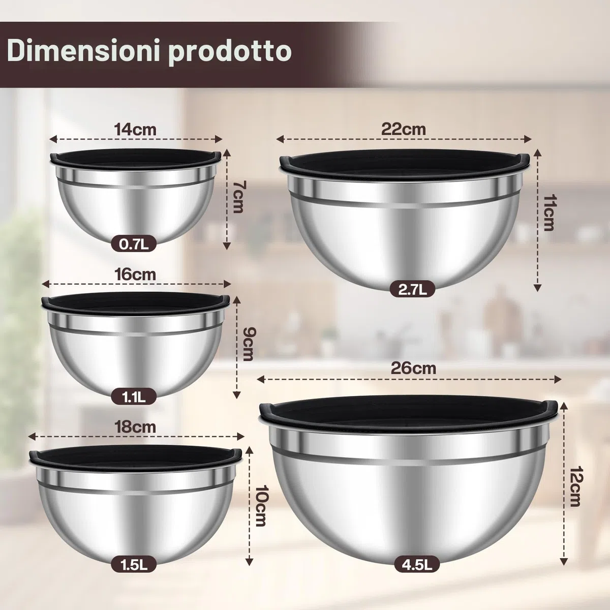 Zanfqvo Ciotole Miscelatori in Acciaio Inox, Set di 5 Insalatiera con Coperchio Ermetico, 0.7L/ 1.1L/ 1.5L/ 2.7L/ 4.5L, Ciotola Impilabili in Metallo, Lavabili in Lavastoviglie, insalatiere mescolare