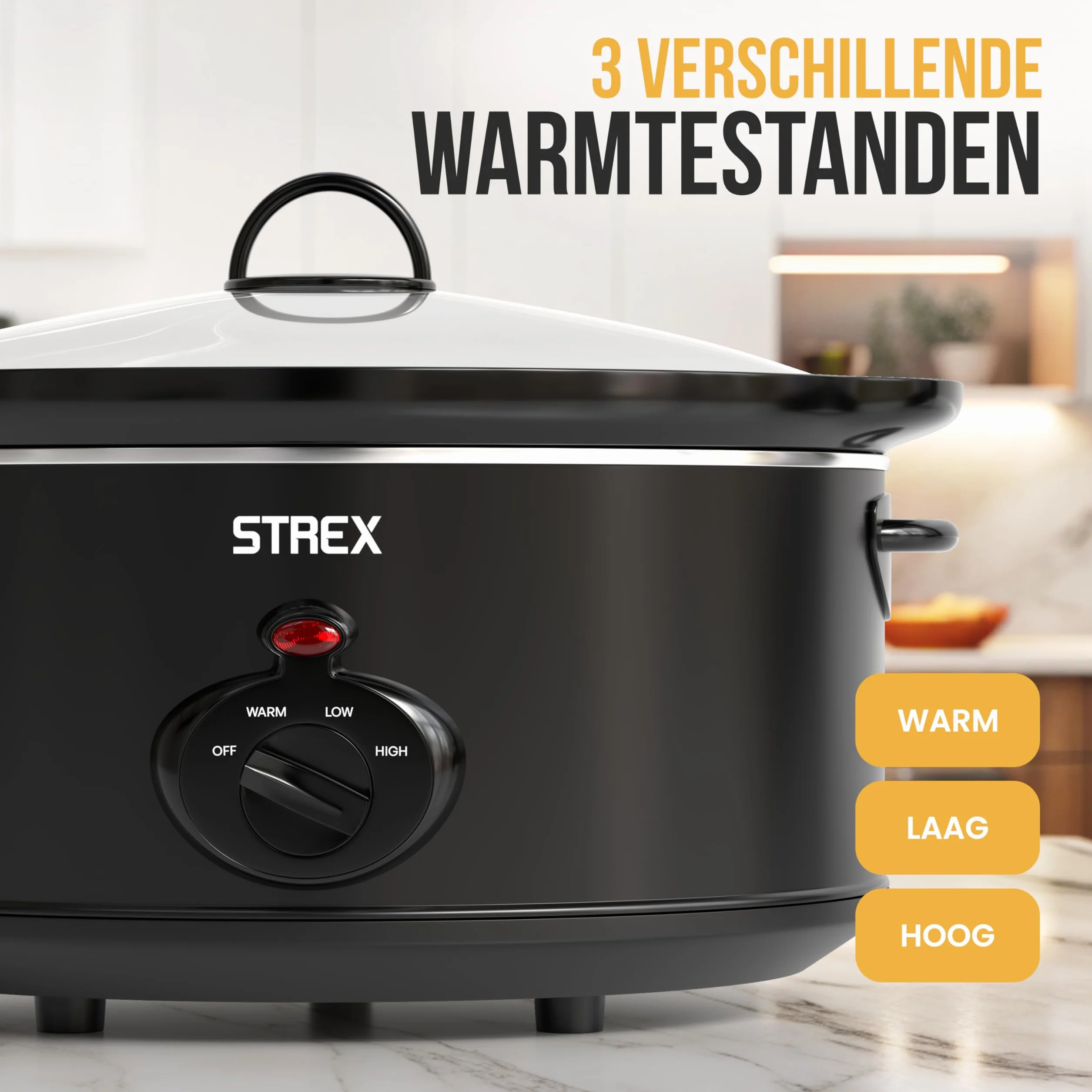 Strex Pentola a cottura lenta 3,5 L - Pentola interna in ceramica rimovibile - Funzione di mantenimento in caldo - Slow Cooker - Nero