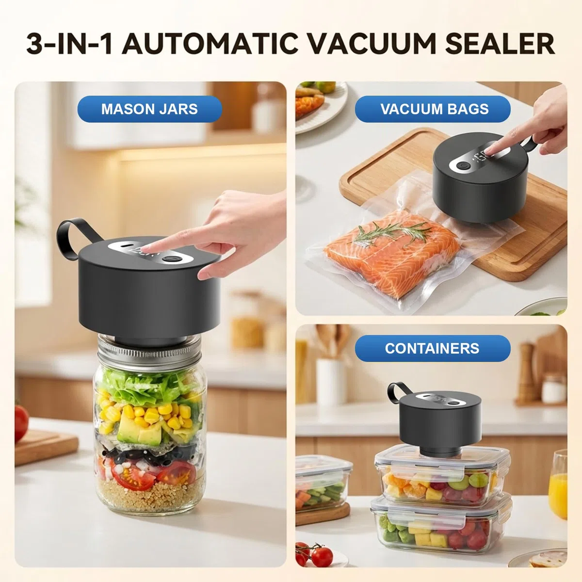 Macchina Sottovoto per Barattoli Mason – Portatile Elettrica Wireless, Chiusura Automatica, Compatibile Standard & Largo, Inclusi 20 Coperchi + Sacchetti Sottovoto