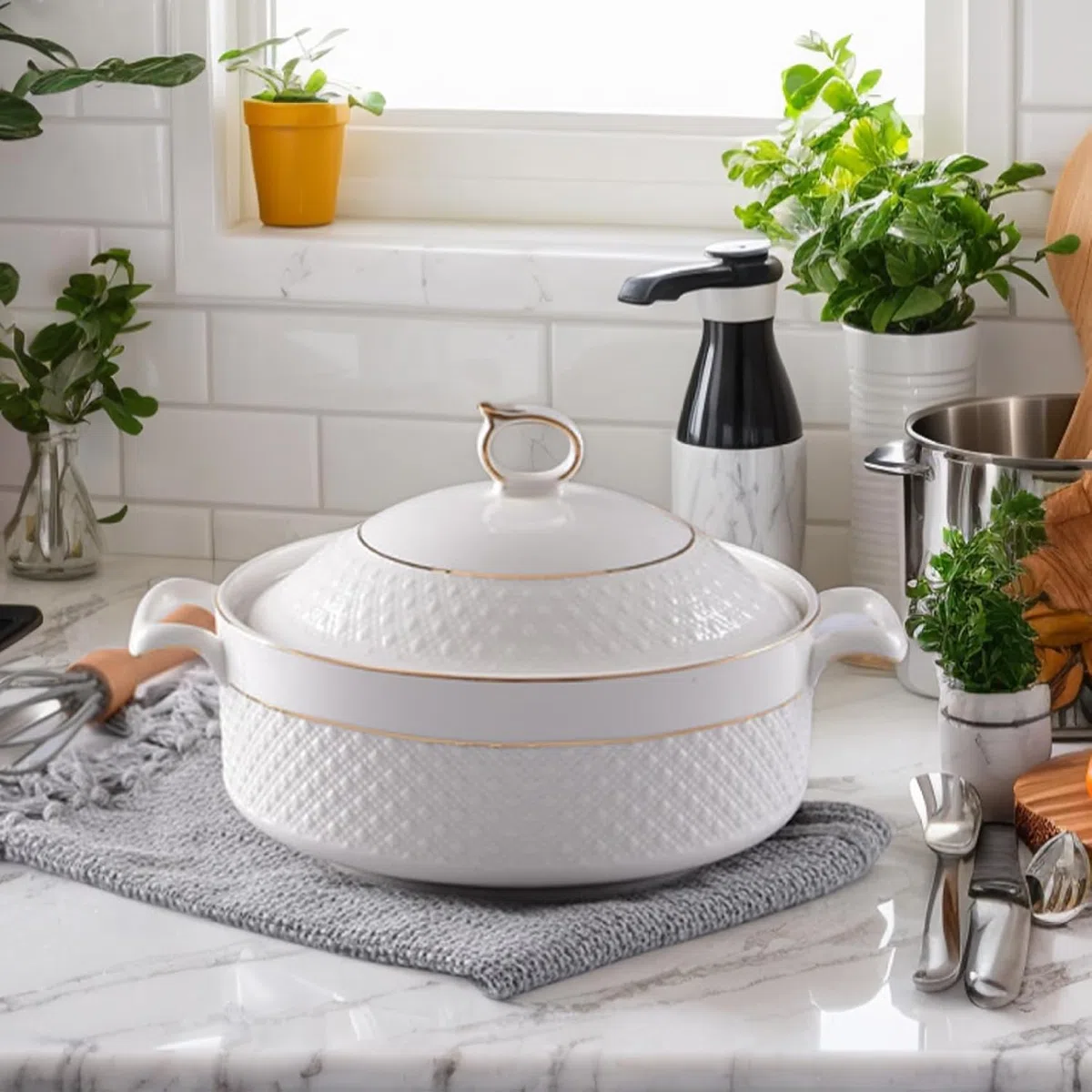 Zuppiera In Ceramica Con Coperchio,Ciotole Da Portata Porcellana Di Grande Capacità,Con Finiture Oro Bianco 1.5l,Per Feste Casa,Cene Famiglia,Adatte Al Microonde E All'Overclocking(With gold rim)