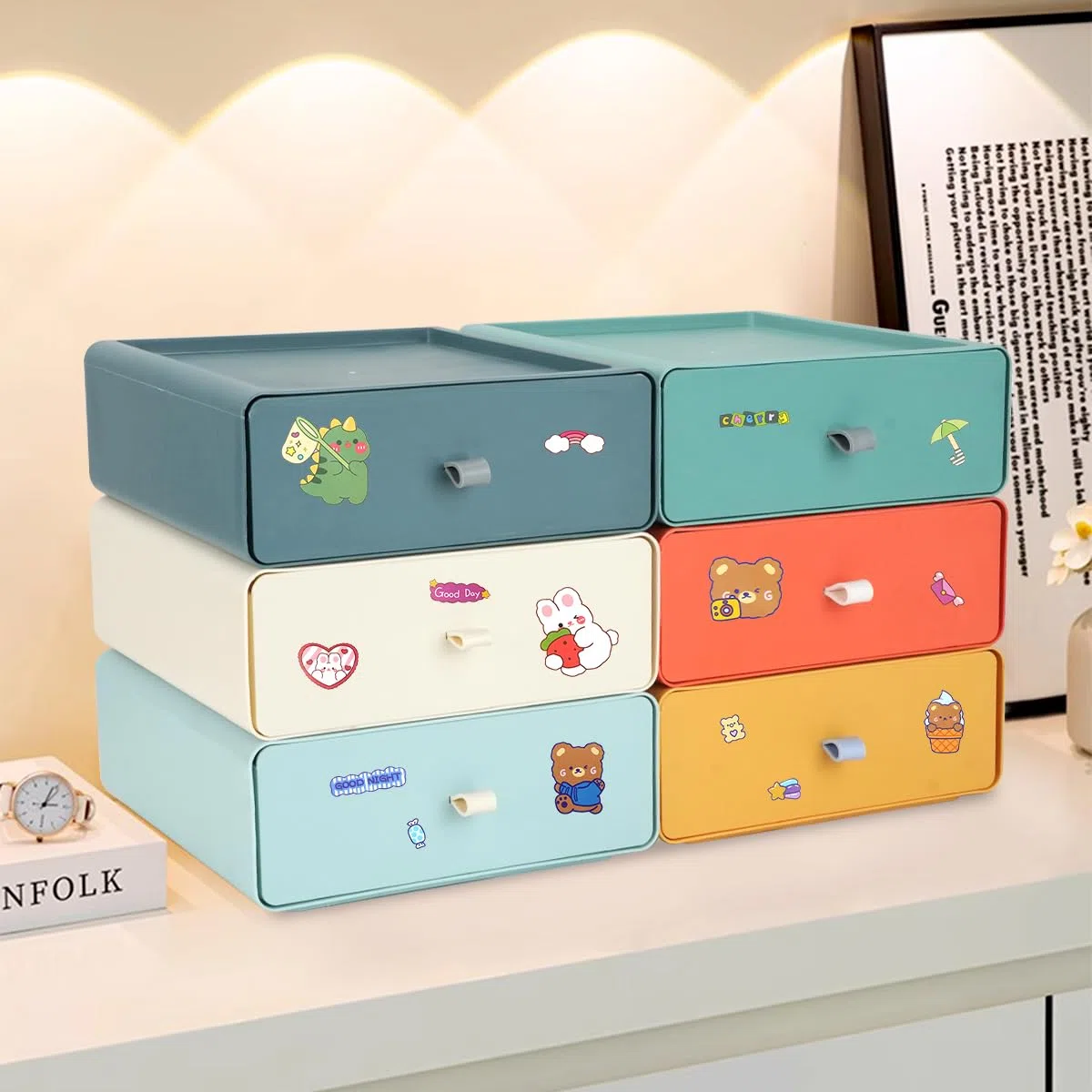 6 Pezzi Cassettiera Impilabile, Scatola di Immagazzinaggio con Cassetti, Organizzatore di Trucco per Scrivanie, Tavoli da Trucco, Scrivanie (6 Colori)