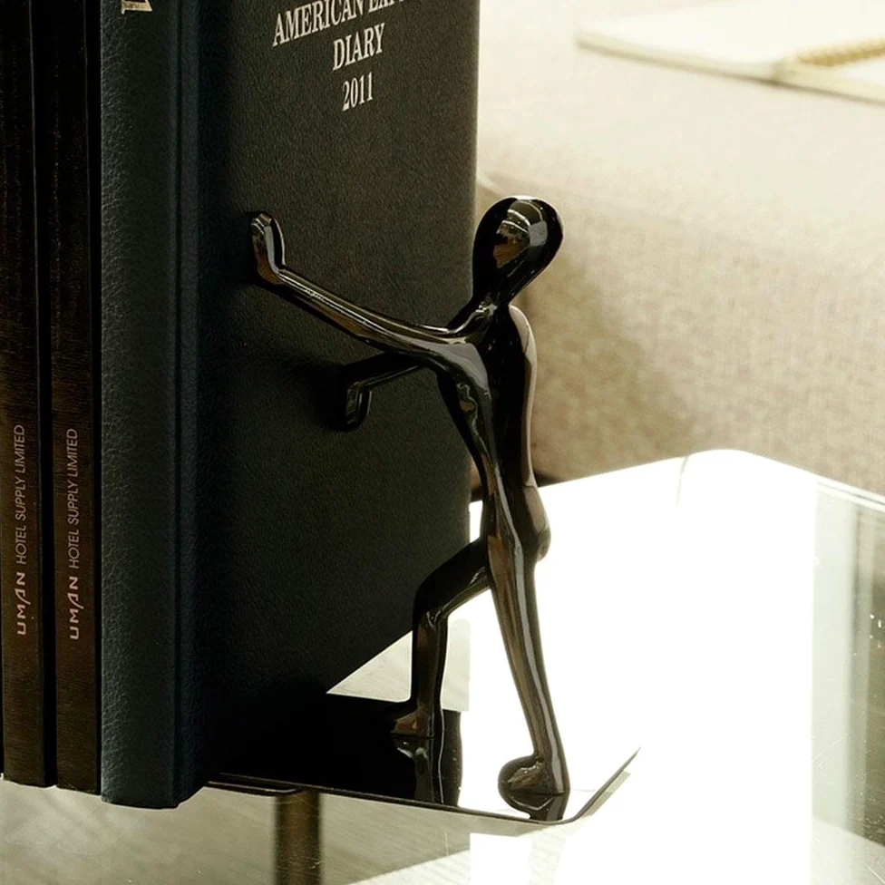 Coppia di fermalibri a forma di lottatore di kung fu, decorativi, alla moda e creativi, in acciaio inossidabile per casa, uffici, librerie, decorazione, regali di compleanno Nero