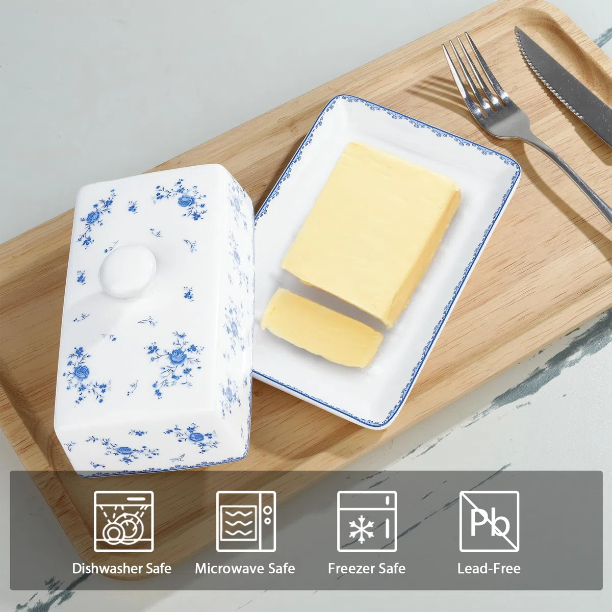 Fanquare Burriera in Ceramica a Fiori Blu con Coperchio e Manico per 250 g di Burro, Grande Burriera in Porcellana, Alta Qualità