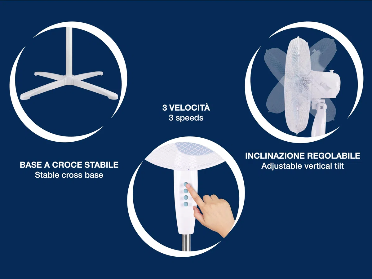BEPER P206VEN103 Ventilatore a Piantana 3 Pale, Altezza Regolabile fino a 125cm, 3 Velocità, Oscillazione Automatica, Montaggio Facile Senza Utensili, Griglia 40cm in Acciaio, Base a Croce, 40W