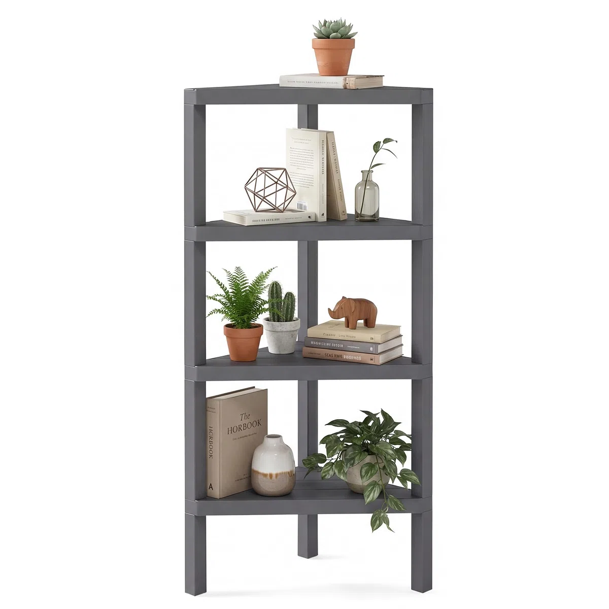 COSTWAY Supporto Scaffale ad Angolo, Libreria ad Angolo a 4 Ripiani con Scaffali a Doghe Aperte, Mensola per Esposizione e Organizzazione per Ufficio Soggiorno Cucina e Bagno (Grigio)