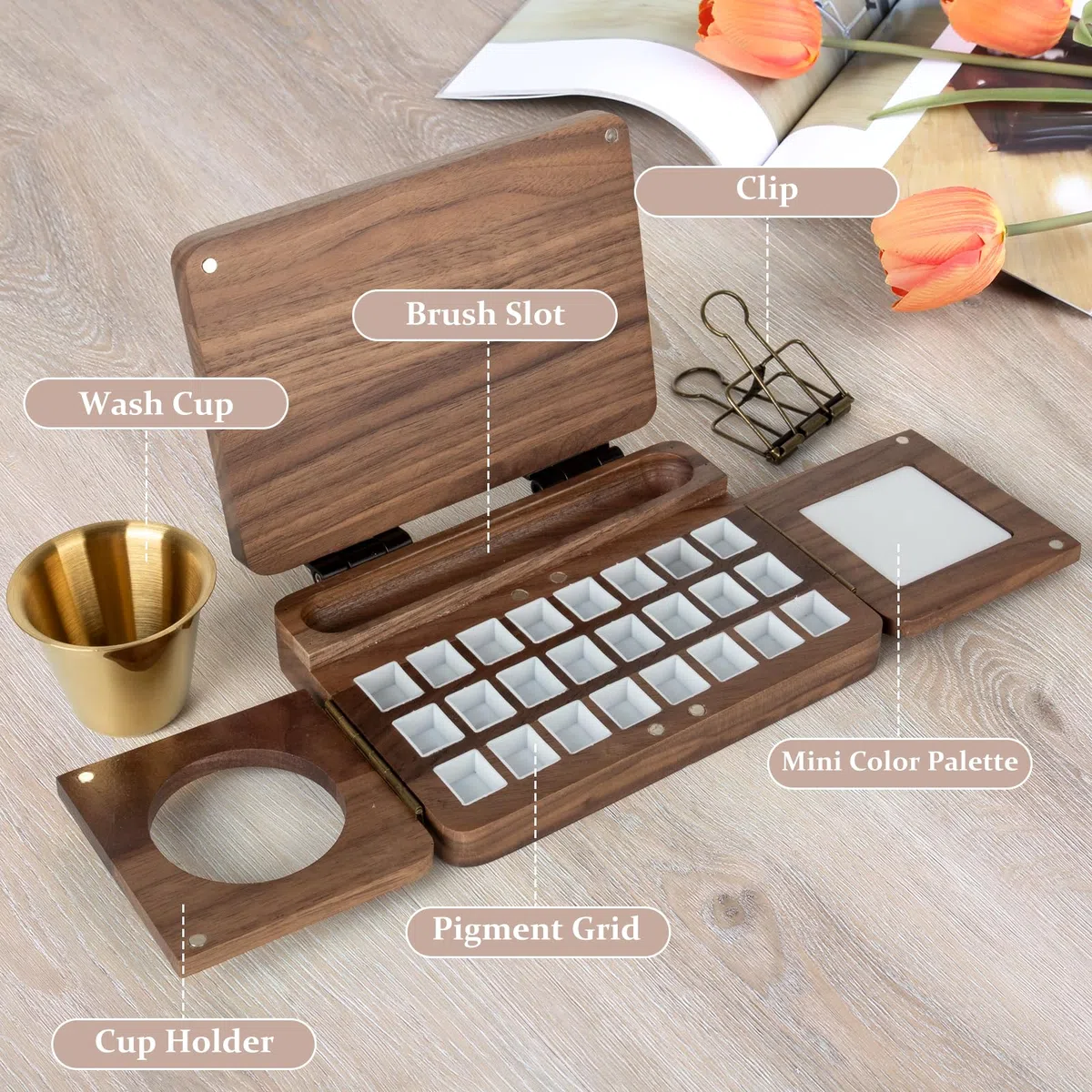 Tavolozza per Pittura ad Acquerello in Legno con Coperchio Tavolozza per Pittura Acrilica con 24 Griglie Noce Scuro Tavolozza per Viaggi all'Aperto
