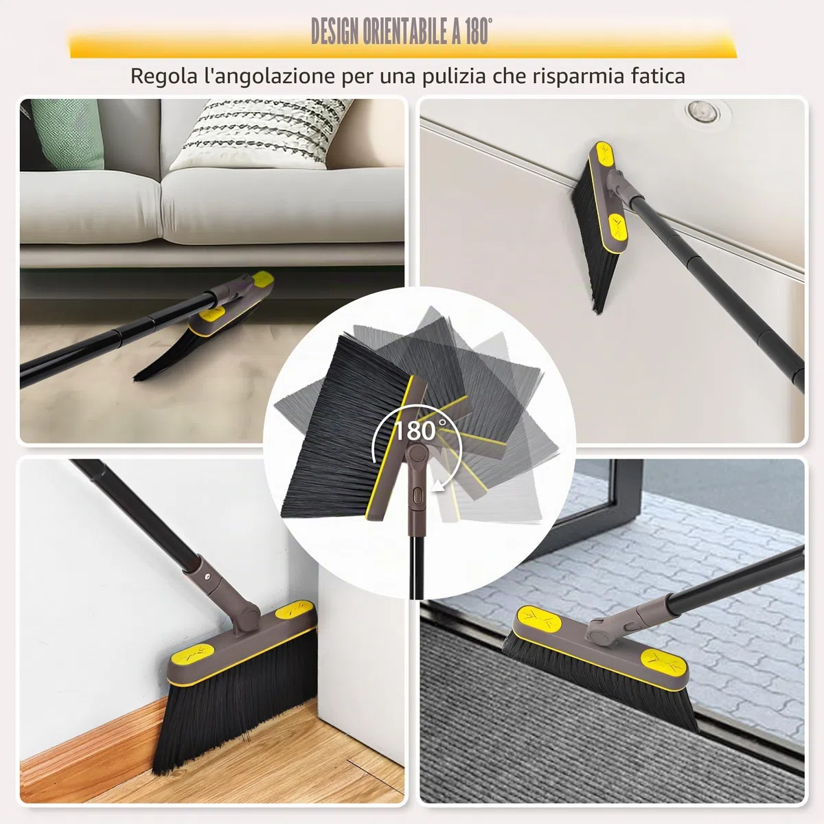 JEHONN Scopa e Paletta con Manico Lungo 138CM, Salvaspazio 180 Gradi Spazzola Brevettato Openable Dustpan Tail Richiudibile per Cucina Giardino Casa Ufficio (Marrone Giallo)