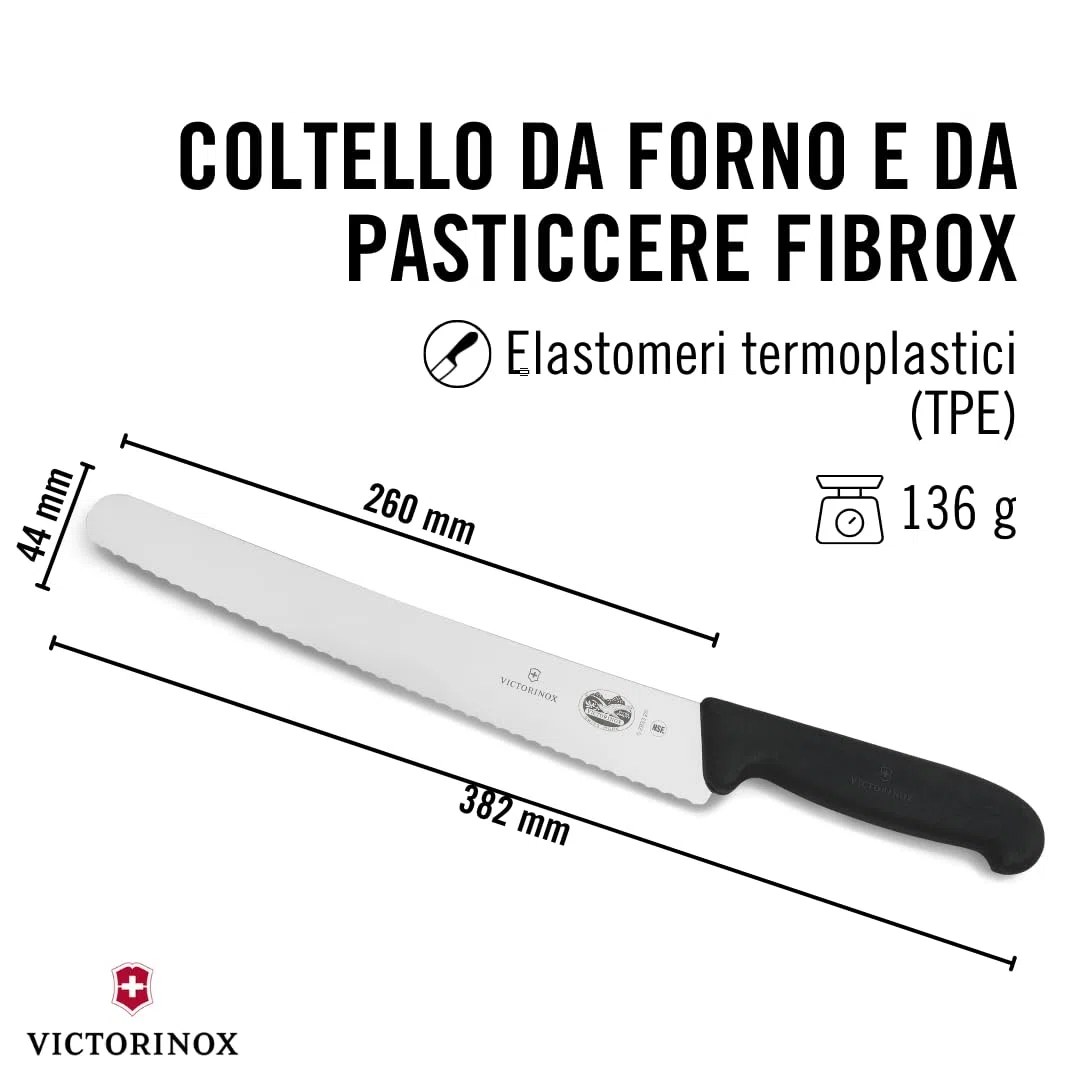 Victorinox Fibrox, Coltello da Pasticcere con Filo Ondulato, Coltello lungo per Dolci e Pane, 26 cm, Affilato, Acciaio Inossidabile, Nero