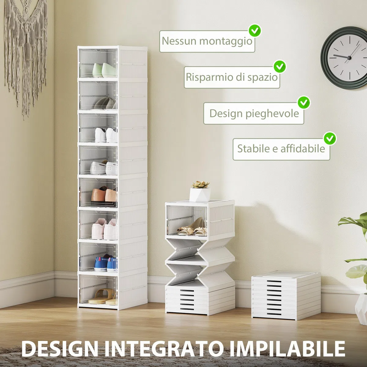 HOMCOM Scarpiera Modulabile con 8 Contenitori per Scarpe Impilabili, Organizer per Scarpe Pieghevole Salvaspazio con Pannello Trasparente, Senza Montaggio, Bianco