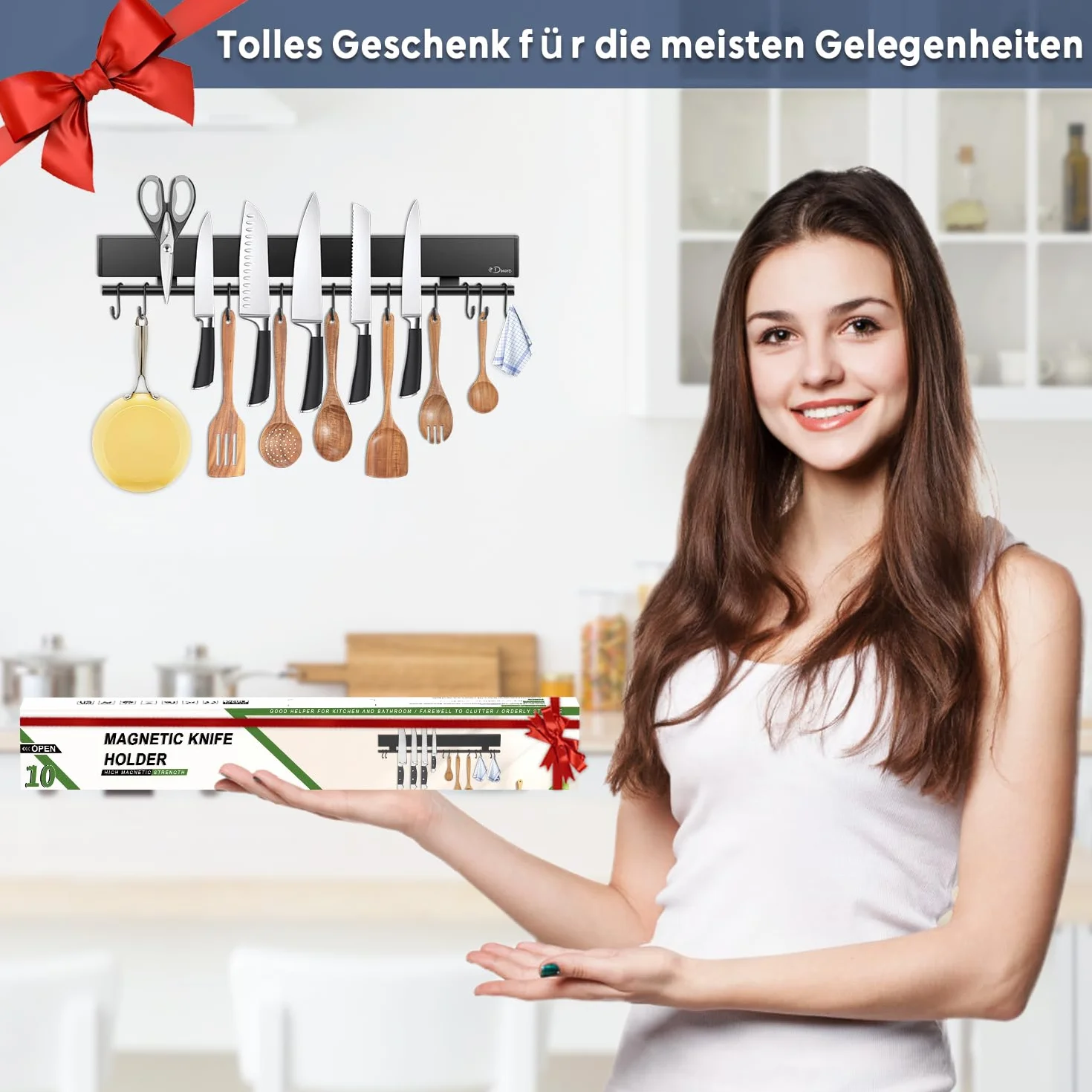 Dmore Portacoltelli magnetico da parete da 43 cm, con 10 ganci, senza foratura, striscia magnetica nera per coltelli e utensili, potente supporto magnetico per coltelli e utensili con nastro adesivo e
