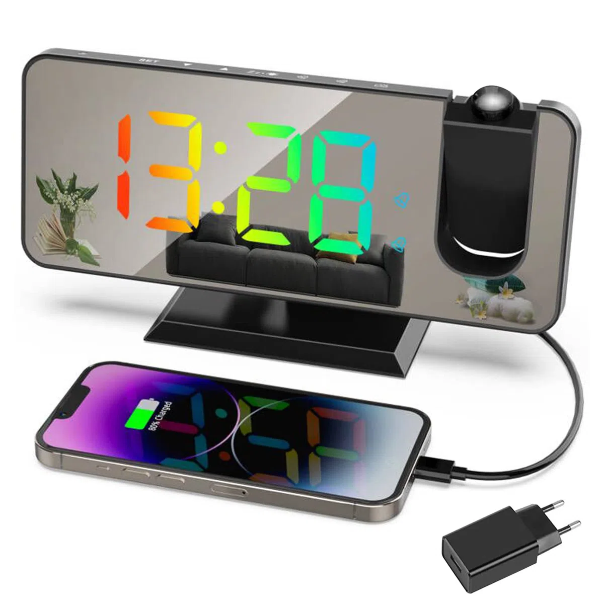 Exmate Sveglia con Proiettore, Schermo a LED a Specchio da 7.5", RGB dinamico, 5 Luminosità, Doppio Allarme con Porta USB, Sveglia Digitale con Proiettore ultra trasparente (Nero con Adattatore)