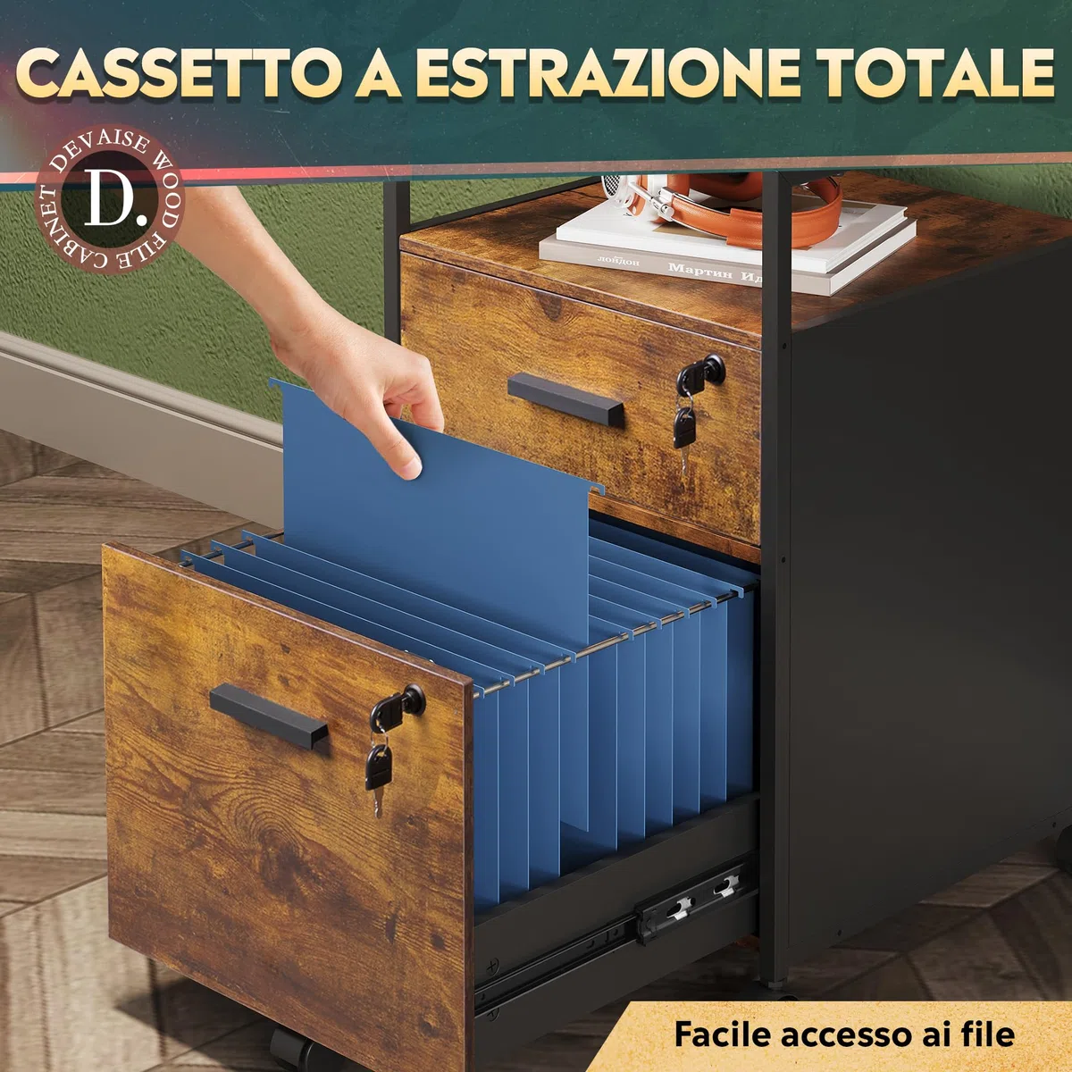DEVAISE Cassettiera Mobile 2 Cassetti Marrone Retrò, Portastampante con Scaffale Aperto e per Documenti A4/Letter, Ufficio in Stile Classico
