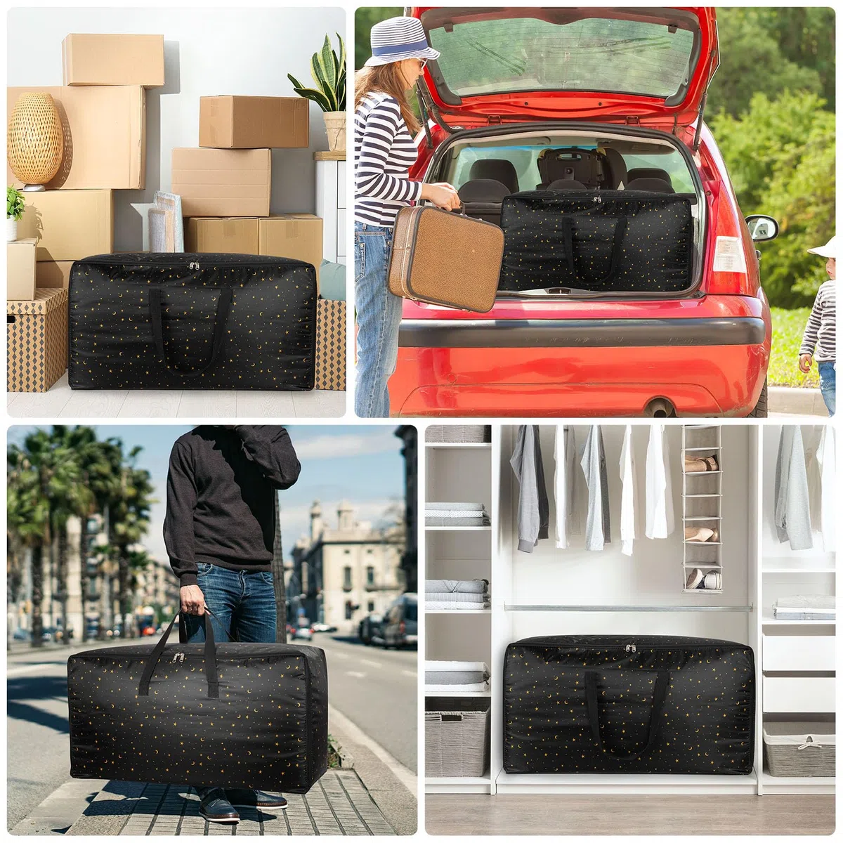 Confezione da 4 grandi scatole per riporre oggetti con coperchi, Contenitori grandi e resistenti impermeabili per traslochi, borse per vestiti con cerniera per la casa, Borsa da lavanderia resistente